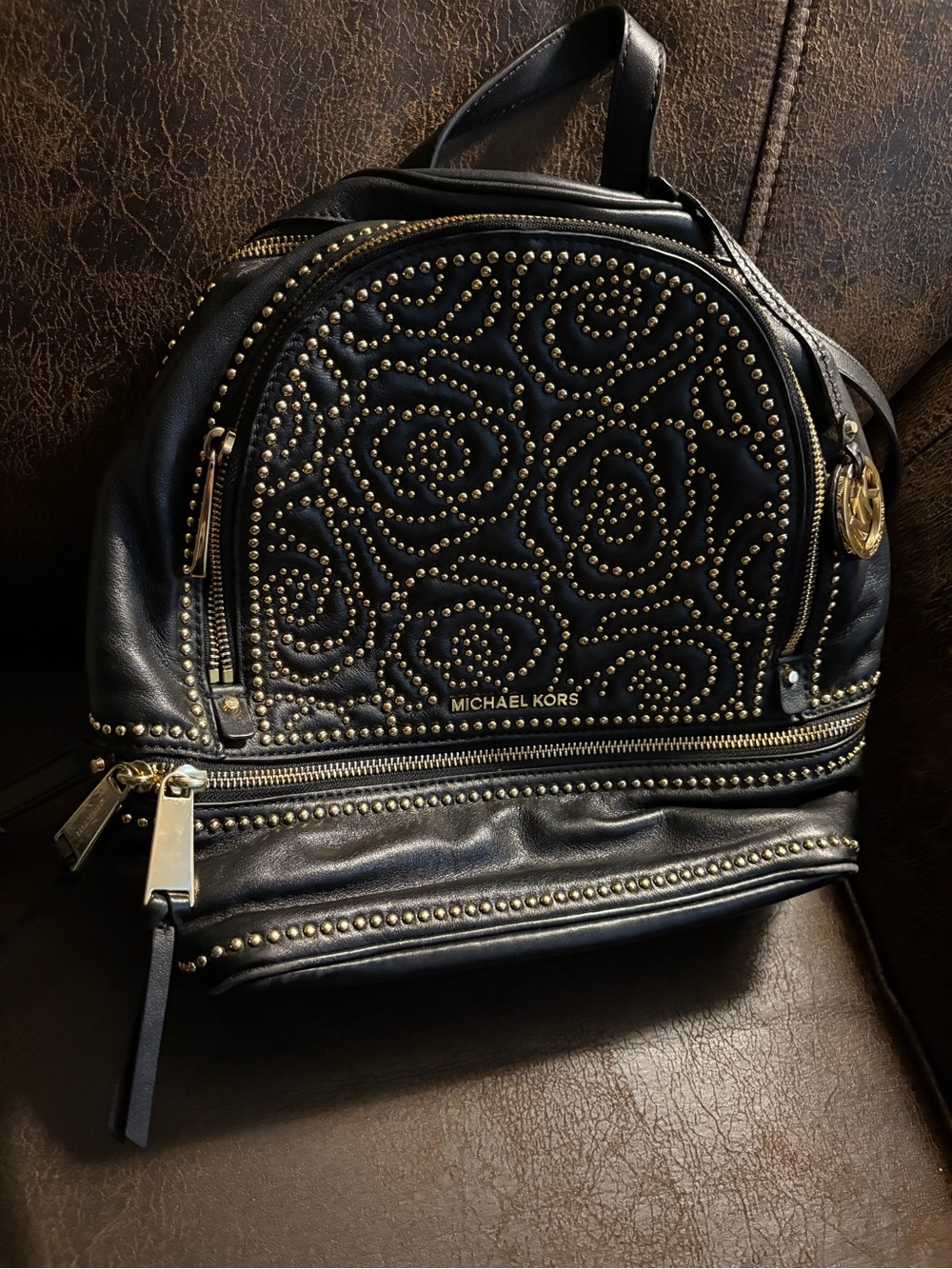 MICHAEL KORS Black Studded Rose Rhea Leather Backpack